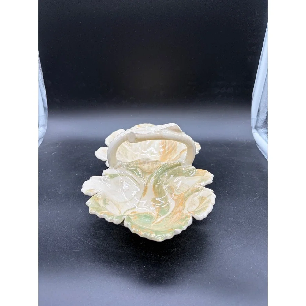 Vintage Marbled Ceramic Double Leaf Serving Dish with Handle Green Peach Cream‎
